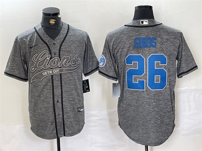 Men's Detroit Lions #26 Jahmyr Gibbs Gray Cool Base Stitched Baseball Jersey